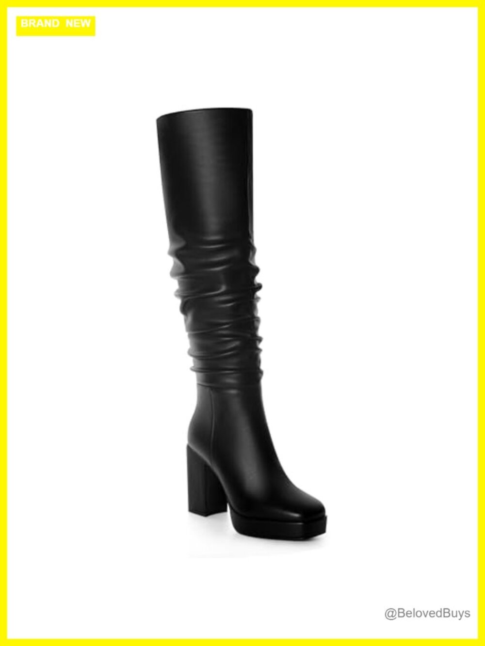 Faux Leather Knee High Boots Women Slouchy Square Toe Block Heel Side Zip